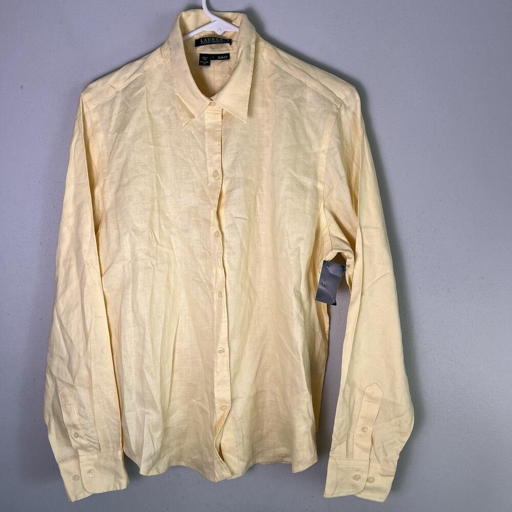 NWOT LRL Womens 100% Linen Button Down Shirt Yellow Sz L Slim Fit Machinable
